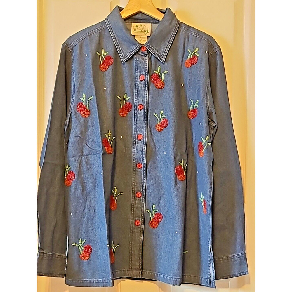 Embroidered Cherry Denim Button-Up Shirt - Blue